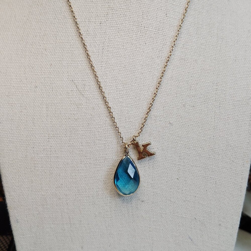 Bella Jack Gold Tone Necklace Blue Teardrop Glass Pendant K Initial 16" Chain